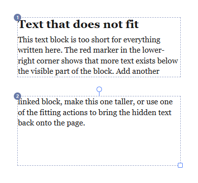 Two linked text blocks, numbered 1 and 2, with one story flowing from the first into the second.