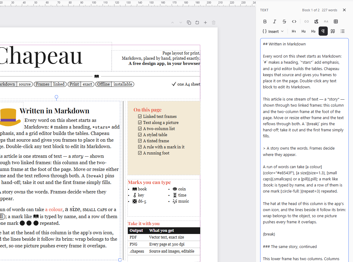 A selected text block beside Chapeau's Markdown editor and formatting controls.