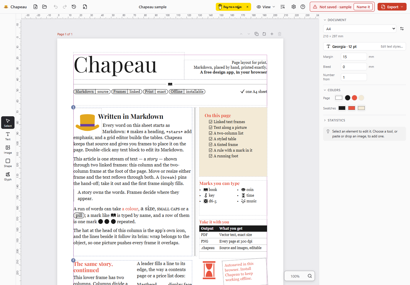 The Chapeau sample project showing the toolbar, page canvas, editable blocks, and document properties panel.